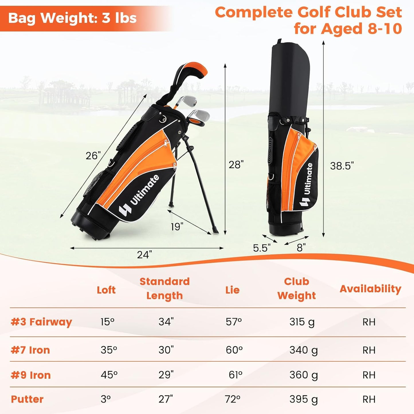 Kids Golf Clubs, Junior Golf Set for Right Hand Includes #3 Fairway Wood & #7 & #9 Irons, Putter & Golf Stand Bag, Portable Youth Children Club