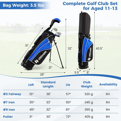 Kids Golf Clubs, Junior Golf Set for Right Hand Includes #3 Fairway Wood & #7 & #9 Irons, Putter & Golf Stand Bag, Portable Youth Children Club