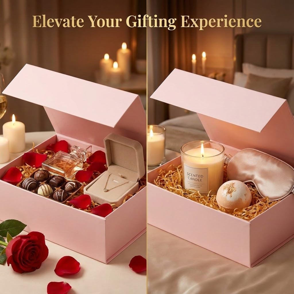 Pink Gift Box with Satin Ribbon Collapsible 11x7.8x3.5 Inches Gift Box with Magnetic Closure Matte Textured Finish Box for Wedding Gifts.