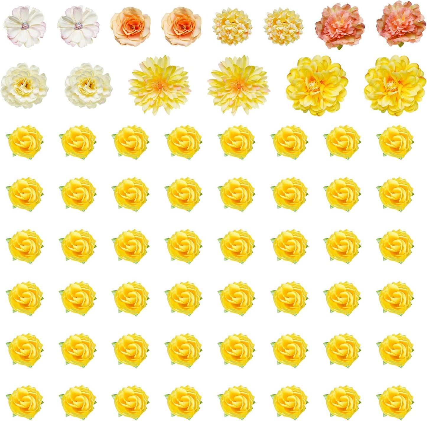 60Pcs Mini Faux Flower Heads Small Artificial Tiny Fake Roses Yellow | for Crafts, DIY, Graduation Cap, Party, Home, Wedding Decor