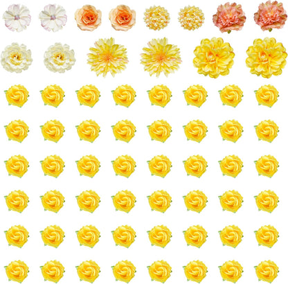 60Pcs Mini Faux Flower Heads Small Artificial Tiny Fake Roses Yellow | for Crafts, DIY, Graduation Cap, Party, Home, Wedding Decor