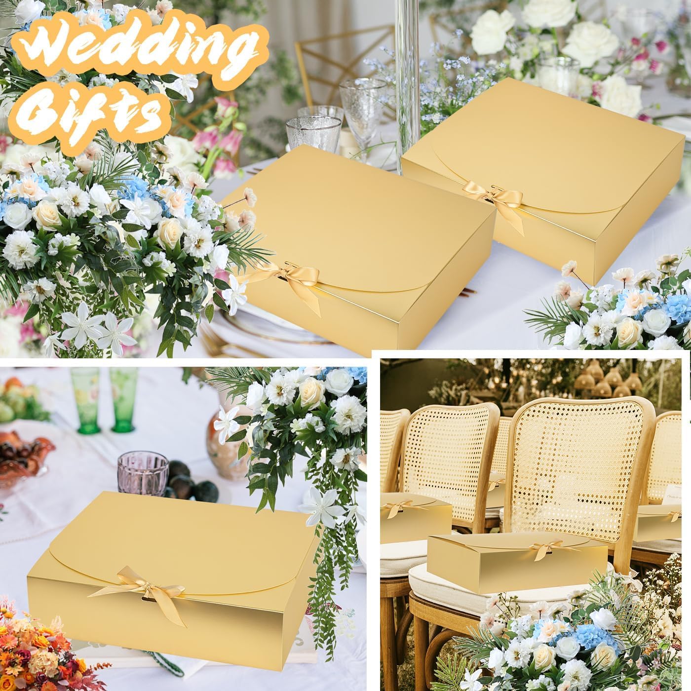12Pack Gold Gift Boxes with Lids, 12×9.8×3.1 Inch Bridesmaid Proposal Box, Luxury Gold Gift Box with Ribbon for Wedding, Birthday, Party, Christmas, Bridesmaid, Graduation Gift