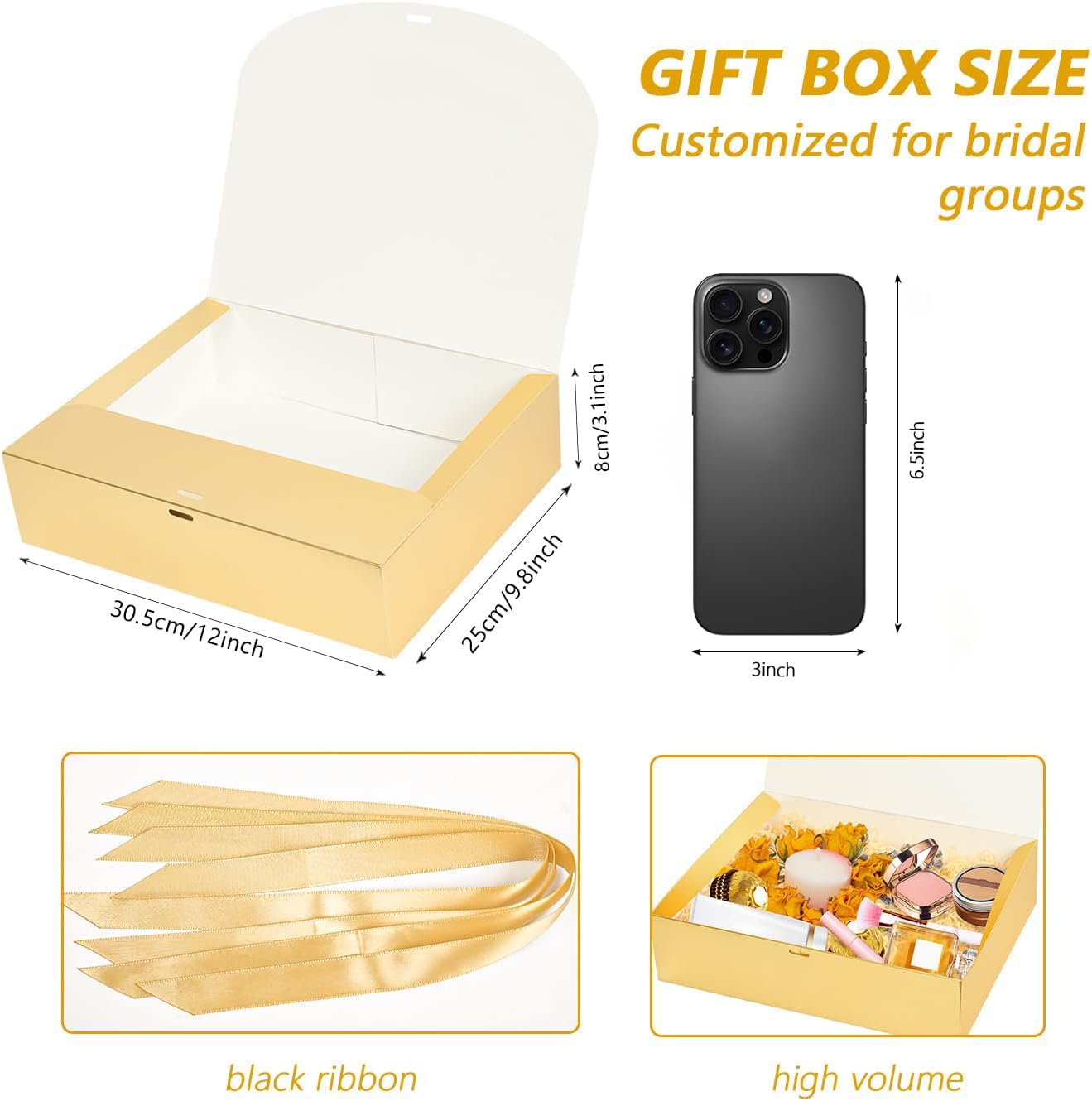 12Pack Gold Gift Boxes with Lids, 12×9.8×3.1 Inch Bridesmaid Proposal Box, Luxury Gold Gift Box with Ribbon for Wedding, Birthday, Party, Christmas, Bridesmaid, Graduation Gift