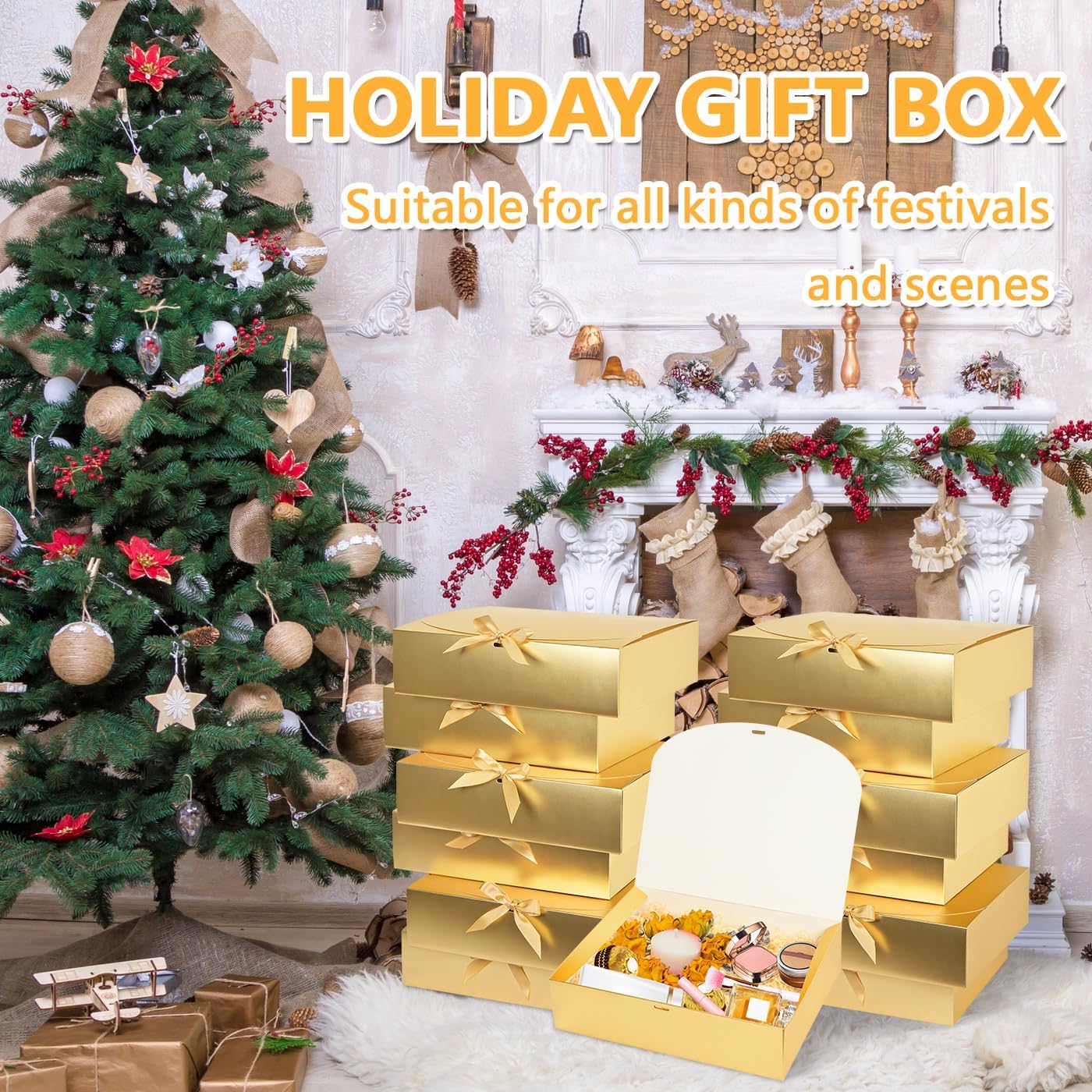 12Pack Gold Gift Boxes with Lids, 12×9.8×3.1 Inch Bridesmaid Proposal Box, Luxury Gold Gift Box with Ribbon for Wedding, Birthday, Party, Christmas, Bridesmaid, Graduation Gift