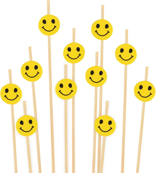 5.9" Decorative Yellow Smiley Smile Face Cocktail Sandwich Fruit Cupcake Bamboo Skewer Picks for Any Party, 100 Pieces