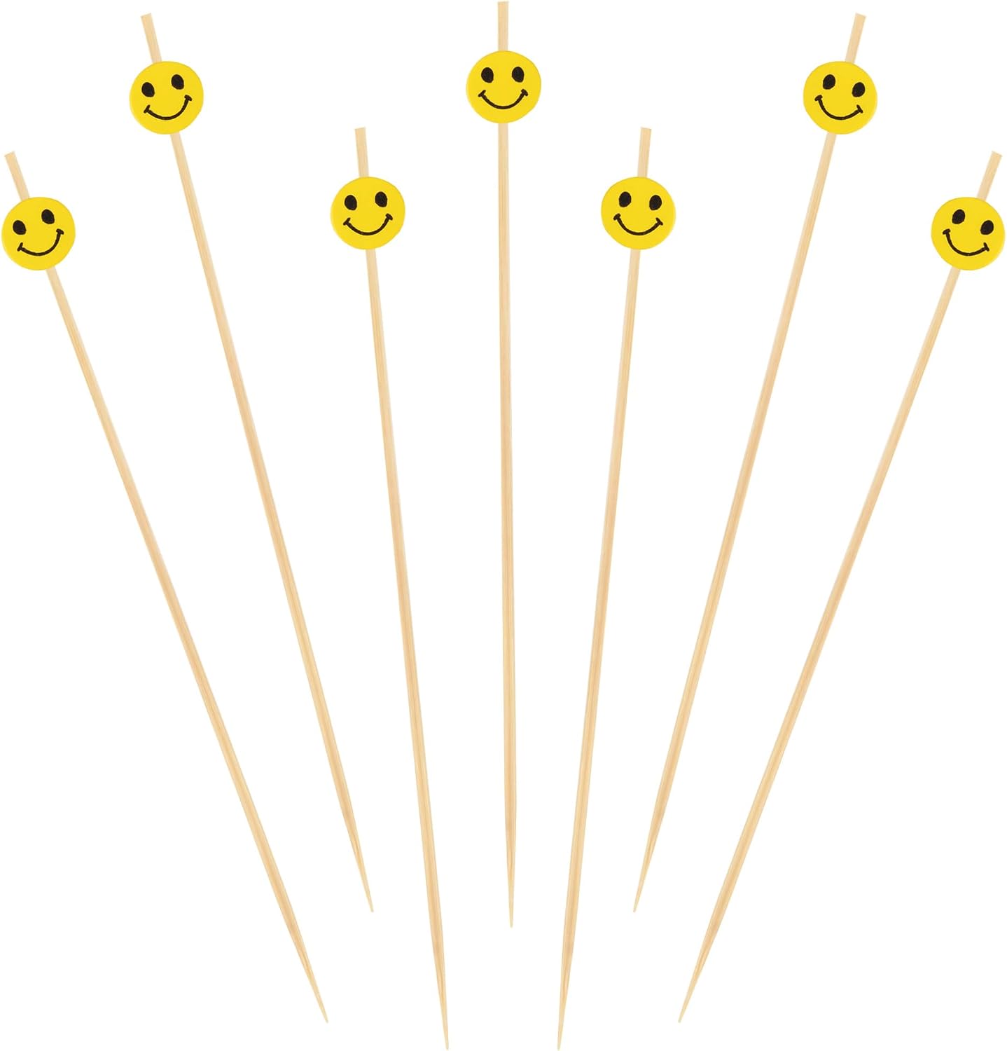 5.9" Decorative Yellow Smiley Smile Face Cocktail Sandwich Fruit Cupcake Bamboo Skewer Picks for Any Party, 100 Pieces