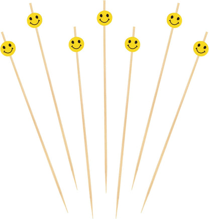 5.9" Decorative Yellow Smiley Smile Face Cocktail Sandwich Fruit Cupcake Bamboo Skewer Picks for Any Party, 100 Pieces