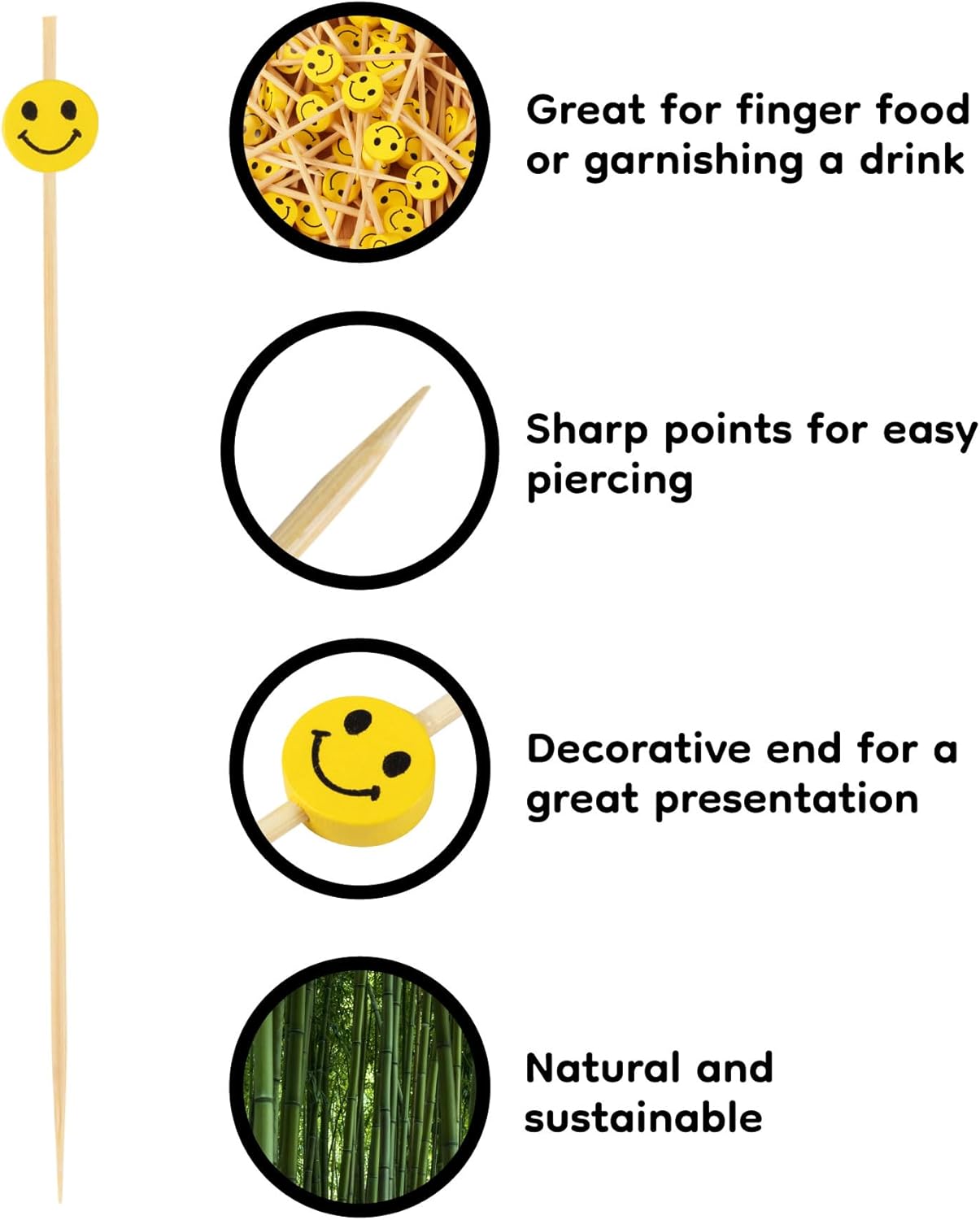 5.9" Decorative Yellow Smiley Smile Face Cocktail Sandwich Fruit Cupcake Bamboo Skewer Picks for Any Party, 100 Pieces