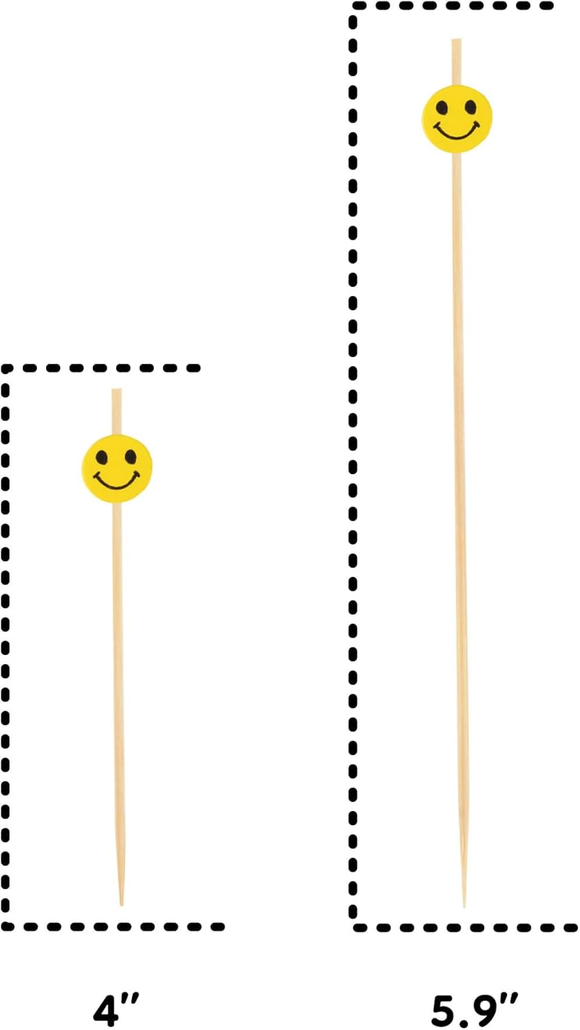 5.9" Decorative Yellow Smiley Smile Face Cocktail Sandwich Fruit Cupcake Bamboo Skewer Picks for Any Party, 100 Pieces