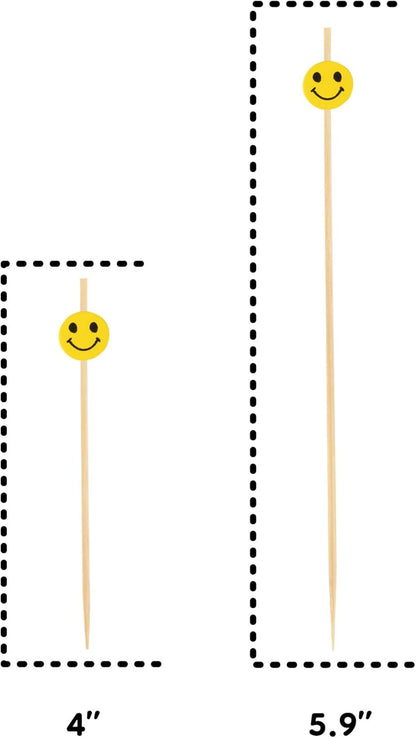 5.9" Decorative Yellow Smiley Smile Face Cocktail Sandwich Fruit Cupcake Bamboo Skewer Picks for Any Party, 100 Pieces