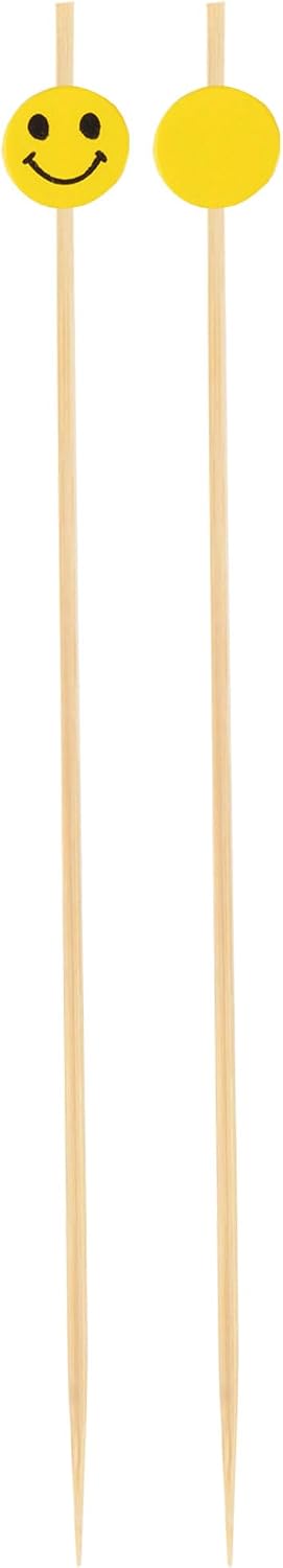 5.9" Decorative Yellow Smiley Smile Face Cocktail Sandwich Fruit Cupcake Bamboo Skewer Picks for Any Party, 100 Pieces