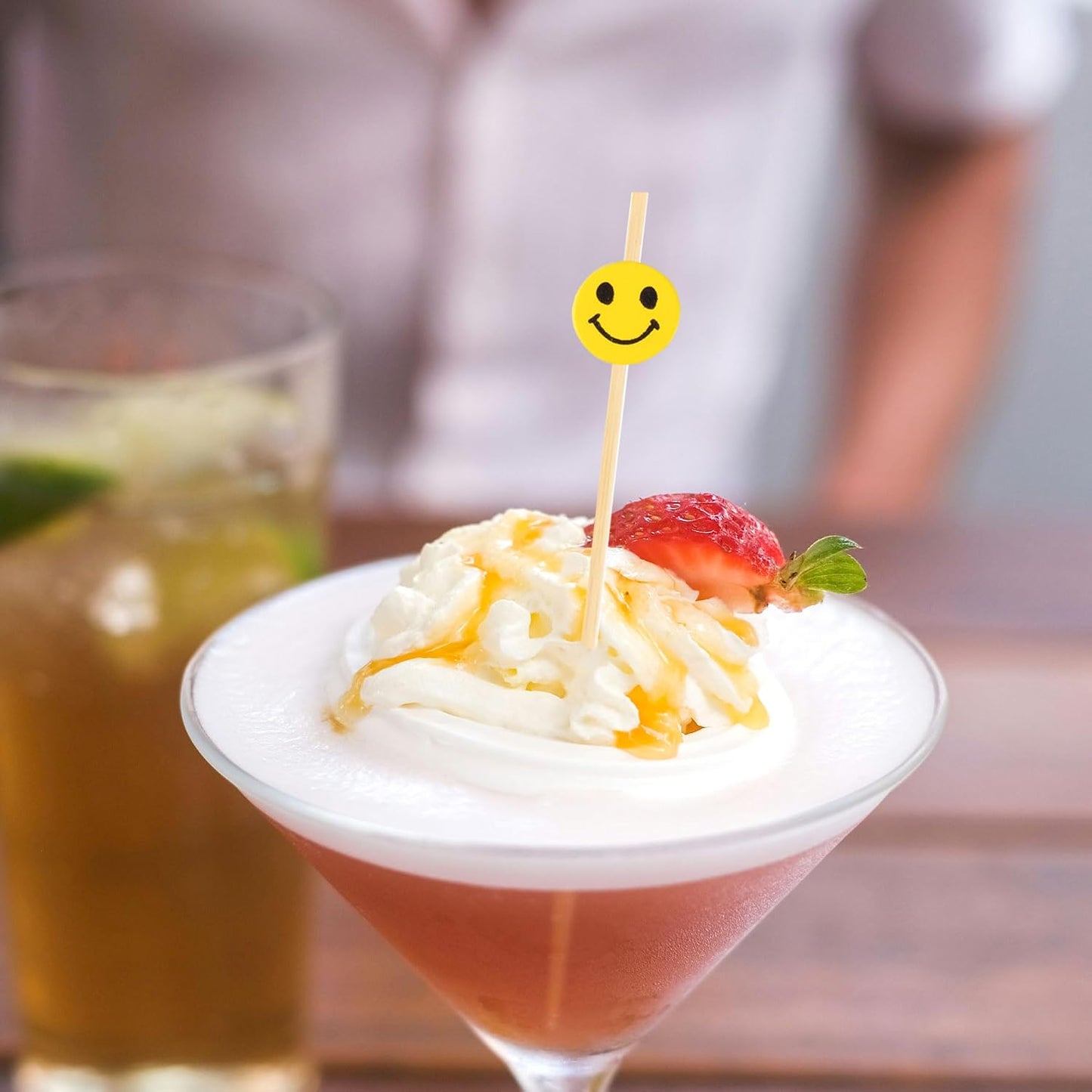5.9" Decorative Yellow Smiley Smile Face Cocktail Sandwich Fruit Cupcake Bamboo Skewer Picks for Any Party, 100 Pieces