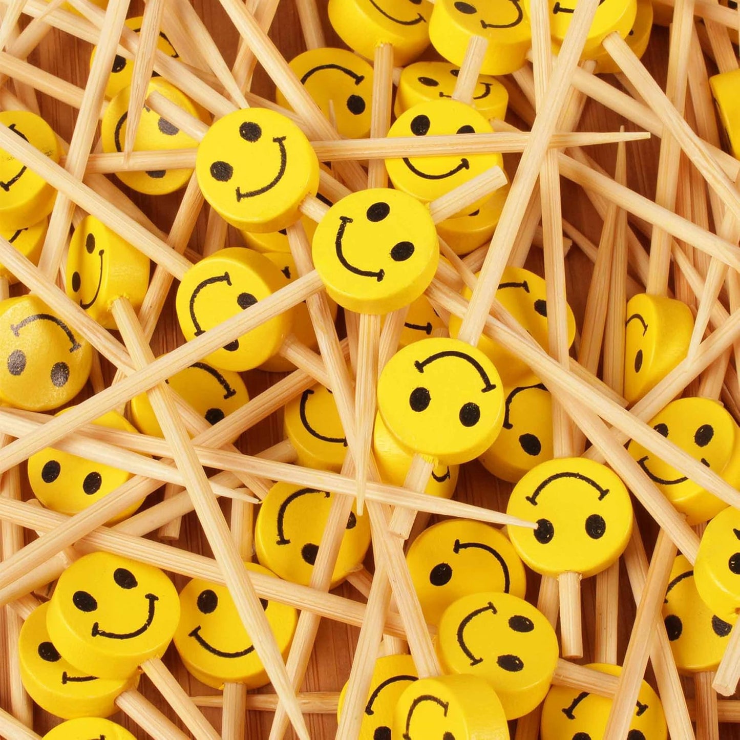 5.9" Decorative Yellow Smiley Smile Face Cocktail Sandwich Fruit Cupcake Bamboo Skewer Picks for Any Party, 100 Pieces