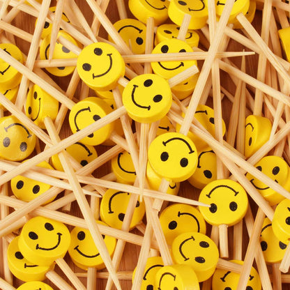 5.9" Decorative Yellow Smiley Smile Face Cocktail Sandwich Fruit Cupcake Bamboo Skewer Picks for Any Party, 100 Pieces