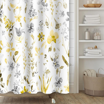 Yellow Gray Floral Shower Curtain,Watercoor Flower Leaves Shower Curtain Set for Bathroom,Yellow and Gray Plants Fabric Bath Curtain with Hooks, 72x72in