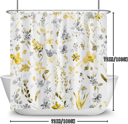 Yellow Gray Floral Shower Curtain,Watercoor Flower Leaves Shower Curtain Set for Bathroom,Yellow and Gray Plants Fabric Bath Curtain with Hooks, 72x72in