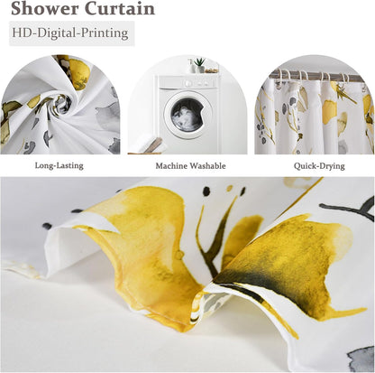 Yellow Gray Floral Shower Curtain,Watercoor Flower Leaves Shower Curtain Set for Bathroom,Yellow and Gray Plants Fabric Bath Curtain with Hooks, 72x72in