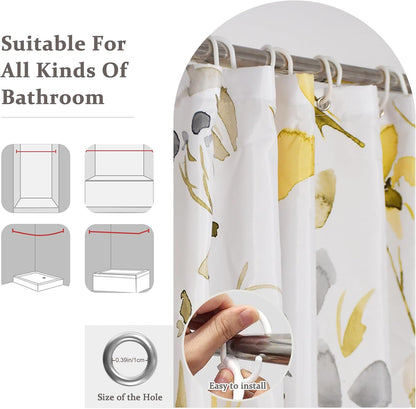 Yellow Gray Floral Shower Curtain,Watercoor Flower Leaves Shower Curtain Set for Bathroom,Yellow and Gray Plants Fabric Bath Curtain with Hooks, 72x72in