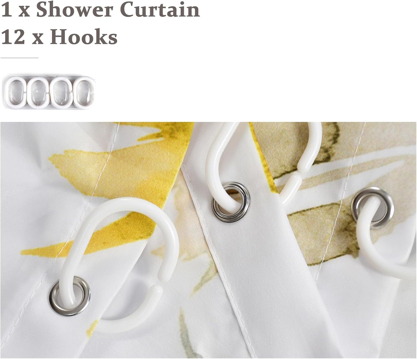 Yellow Gray Floral Shower Curtain,Watercoor Flower Leaves Shower Curtain Set for Bathroom,Yellow and Gray Plants Fabric Bath Curtain with Hooks, 72x72in