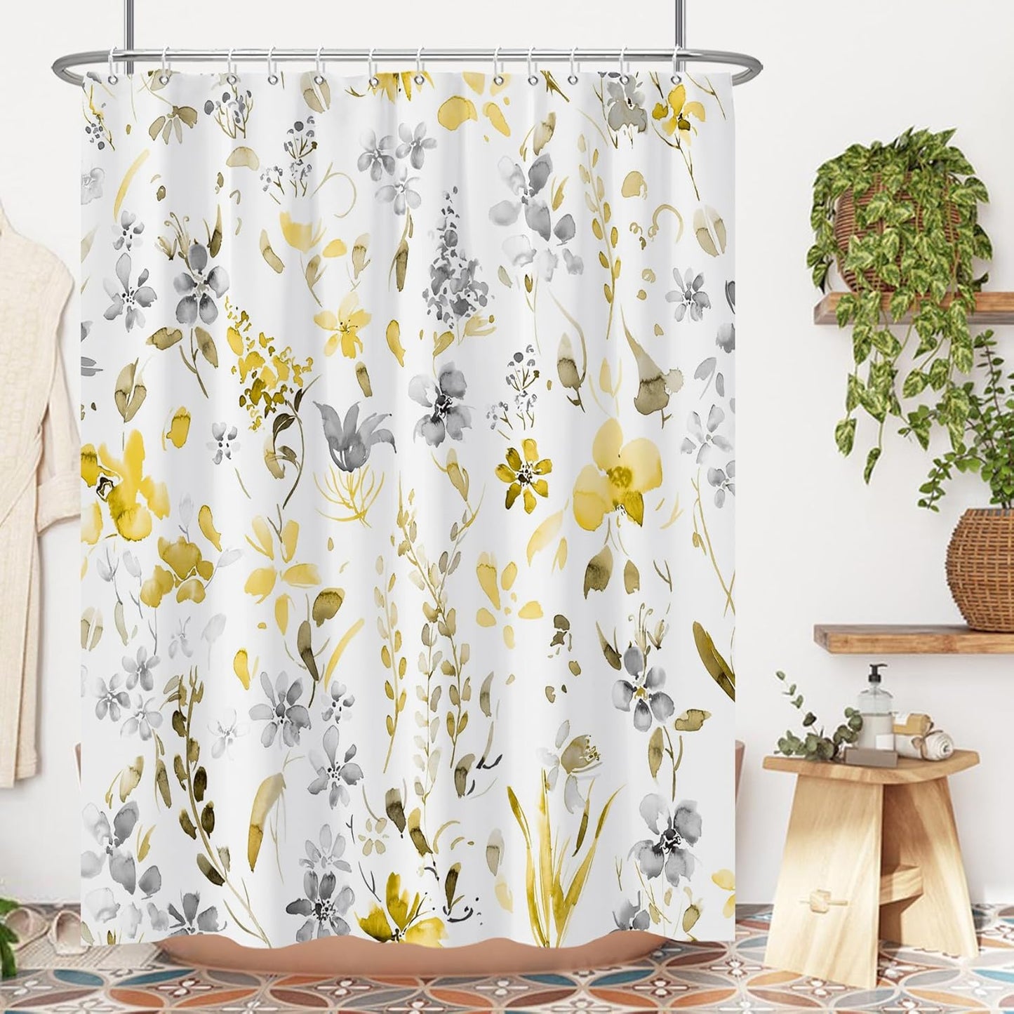 Yellow Gray Floral Shower Curtain,Watercoor Flower Leaves Shower Curtain Set for Bathroom,Yellow and Gray Plants Fabric Bath Curtain with Hooks, 72x72in