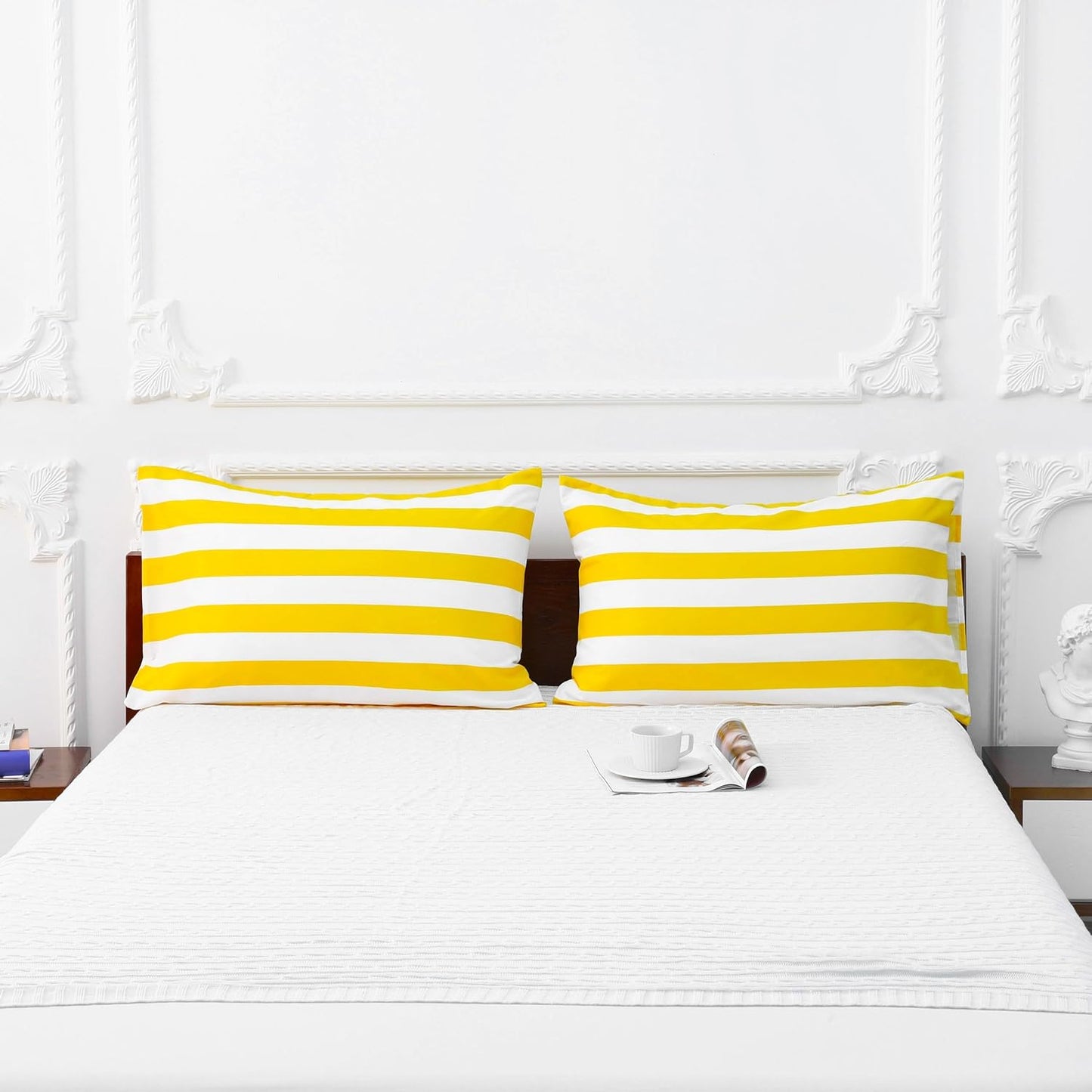 Queen Pillowcases Set of 4 – Yellow and White Striped 1800 Thread Count Brushed Microfiber Pillow Covers, Ultra Soft and Cozy with Envelope Closure, 20x30 Inches
