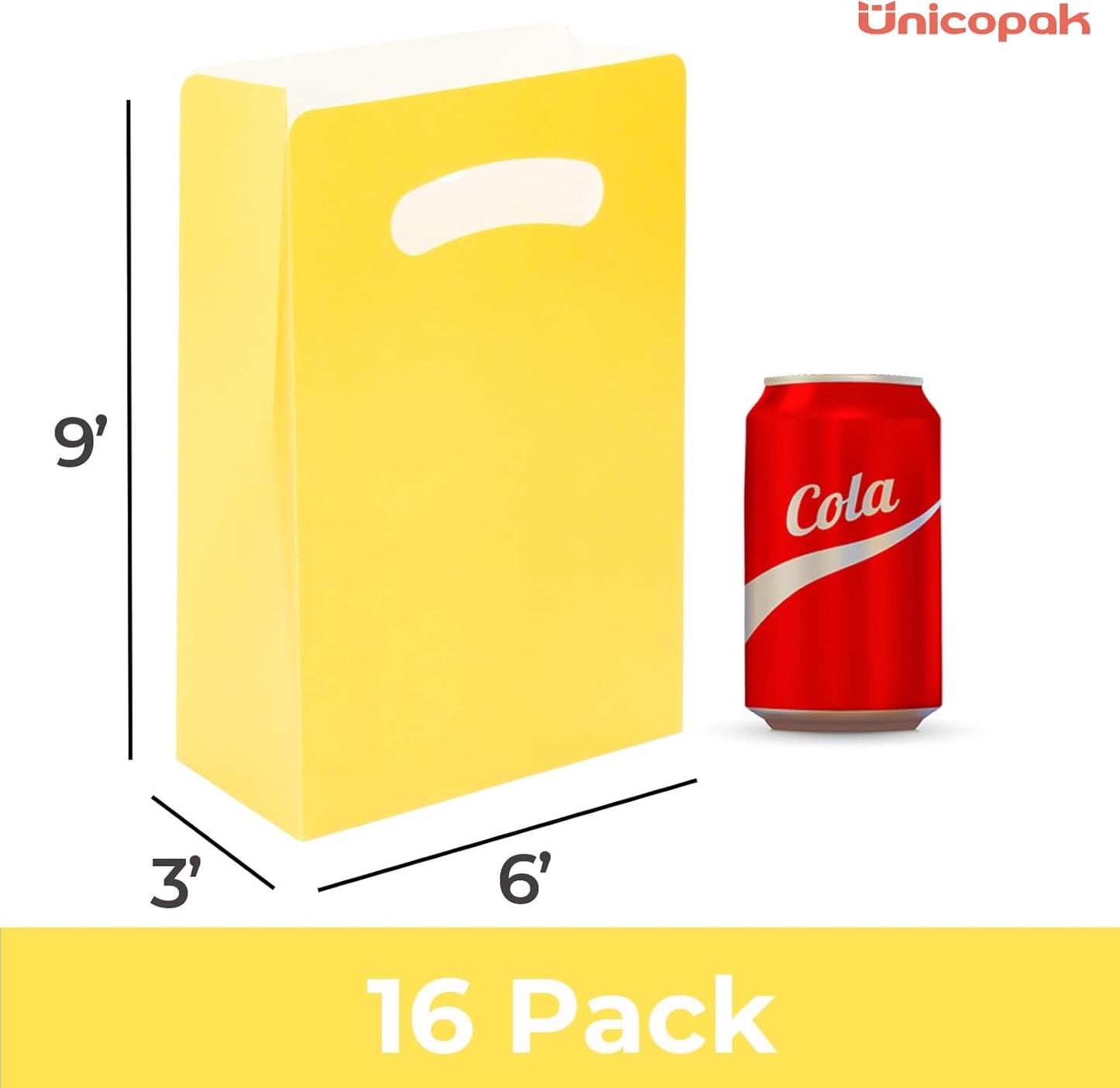 16 Pack Yellow Party Favor Bags - 6×3×9” Premium Matte Yellow Gift Bags for Construction Birthday, Bee Baby Shower, Easter - Sturdy Paper Goodie Bags with Handles, Customizable for Treats & Cookies