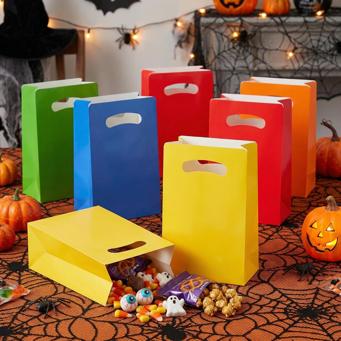 16 Pack Yellow Party Favor Bags - 6×3×9” Premium Matte Yellow Gift Bags for Construction Birthday, Bee Baby Shower, Easter - Sturdy Paper Goodie Bags with Handles, Customizable for Treats & Cookies