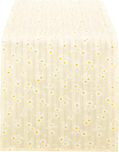 Floral Cotton Table Runner, Farmhouse Table Runner, Spring Rustic Boho Table Decor for Dining Room Kitchen Wedding Holiday, Soft Textured Fabric (Light Yellow, 12”x72”)