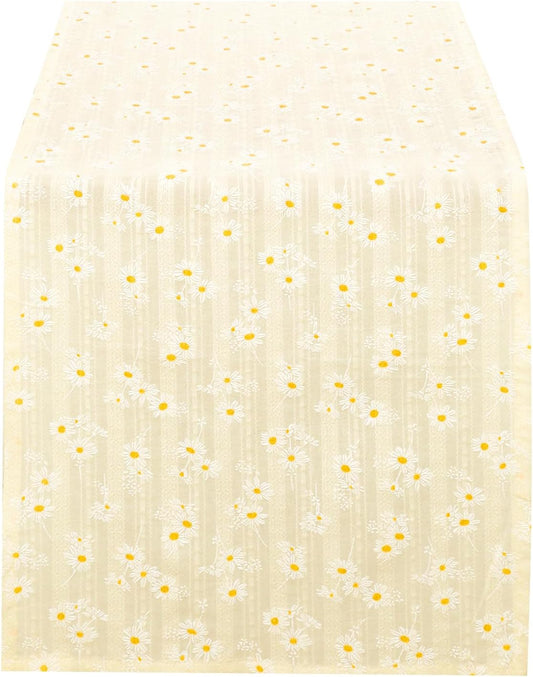 Floral Cotton Table Runner, Farmhouse Table Runner, Spring Rustic Boho Table Decor for Dining Room Kitchen Wedding Holiday, Soft Textured Fabric (Light Yellow, 12”x72”)