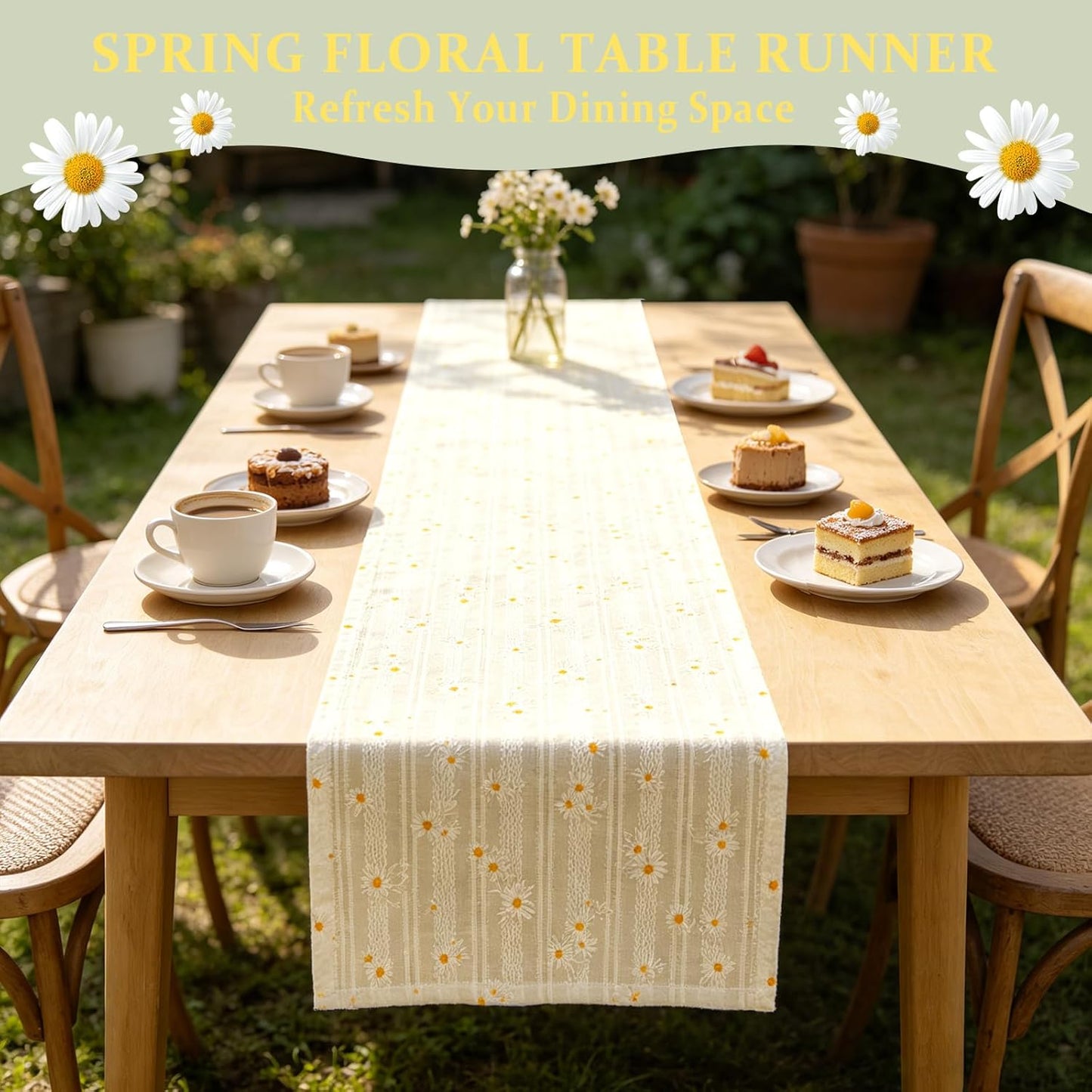 Floral Cotton Table Runner, Farmhouse Table Runner, Spring Rustic Boho Table Decor for Dining Room Kitchen Wedding Holiday, Soft Textured Fabric (Light Yellow, 12”x72”)