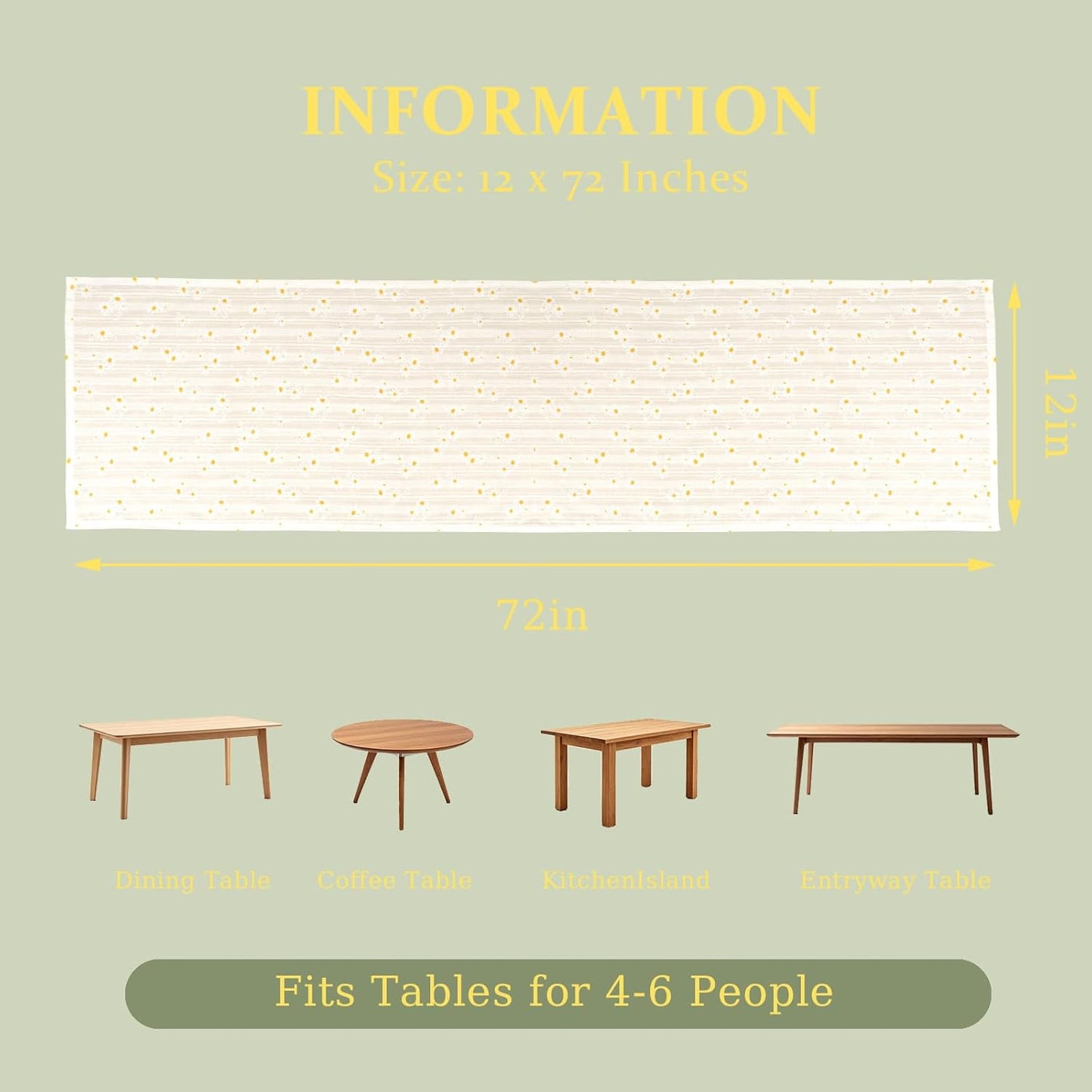 Floral Cotton Table Runner, Farmhouse Table Runner, Spring Rustic Boho Table Decor for Dining Room Kitchen Wedding Holiday, Soft Textured Fabric (Light Yellow, 12”x72”)