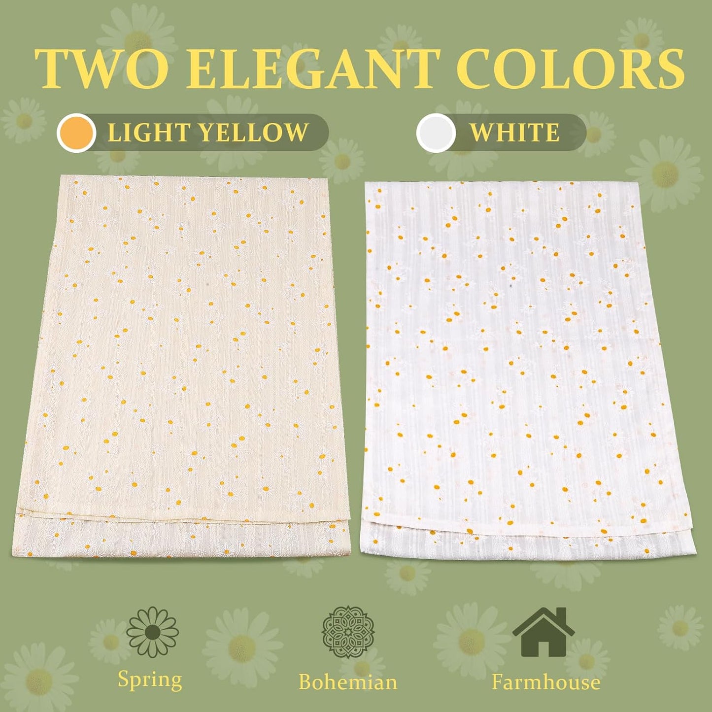 Floral Cotton Table Runner, Farmhouse Table Runner, Spring Rustic Boho Table Decor for Dining Room Kitchen Wedding Holiday, Soft Textured Fabric (Light Yellow, 12”x72”)