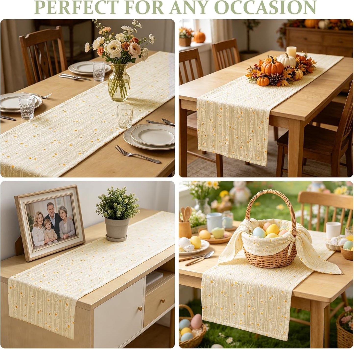 Floral Cotton Table Runner, Farmhouse Table Runner, Spring Rustic Boho Table Decor for Dining Room Kitchen Wedding Holiday, Soft Textured Fabric (Light Yellow, 12”x72”)