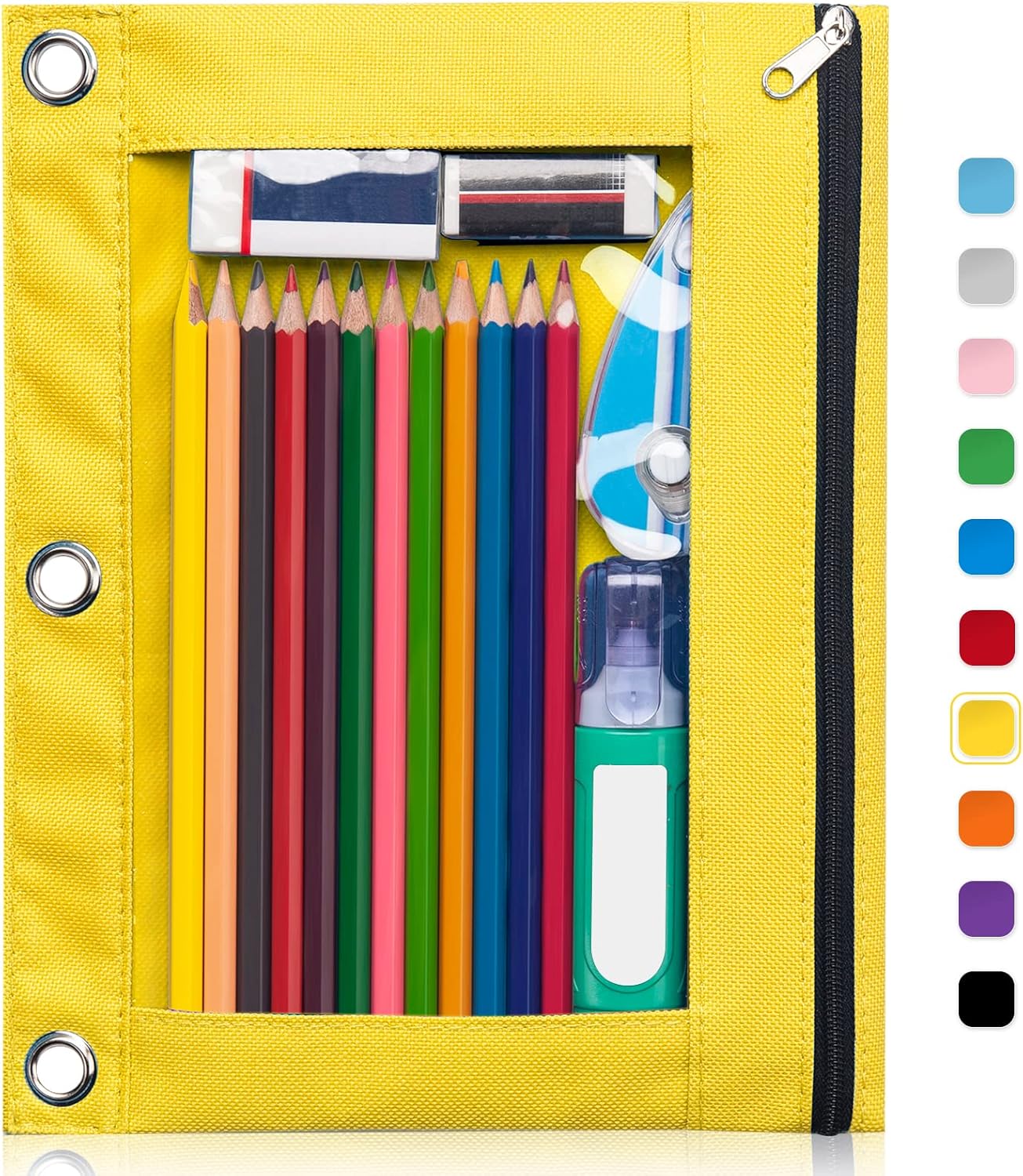 Pencil Pouch for 3 Ring Binder, Clear Window Pencil Case with Smooth Zipper, Big Capacity 3 Ring Binder Pencil Bag with 3 Reinforced Grommets, Yellow
