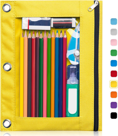 Pencil Pouch for 3 Ring Binder, Clear Window Pencil Case with Smooth Zipper, Big Capacity 3 Ring Binder Pencil Bag with 3 Reinforced Grommets, Yellow