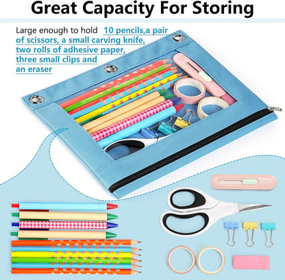Pencil Pouch for 3 Ring Binder, Clear Window Pencil Case with Smooth Zipper, Big Capacity 3 Ring Binder Pencil Bag with 3 Reinforced Grommets, Yellow