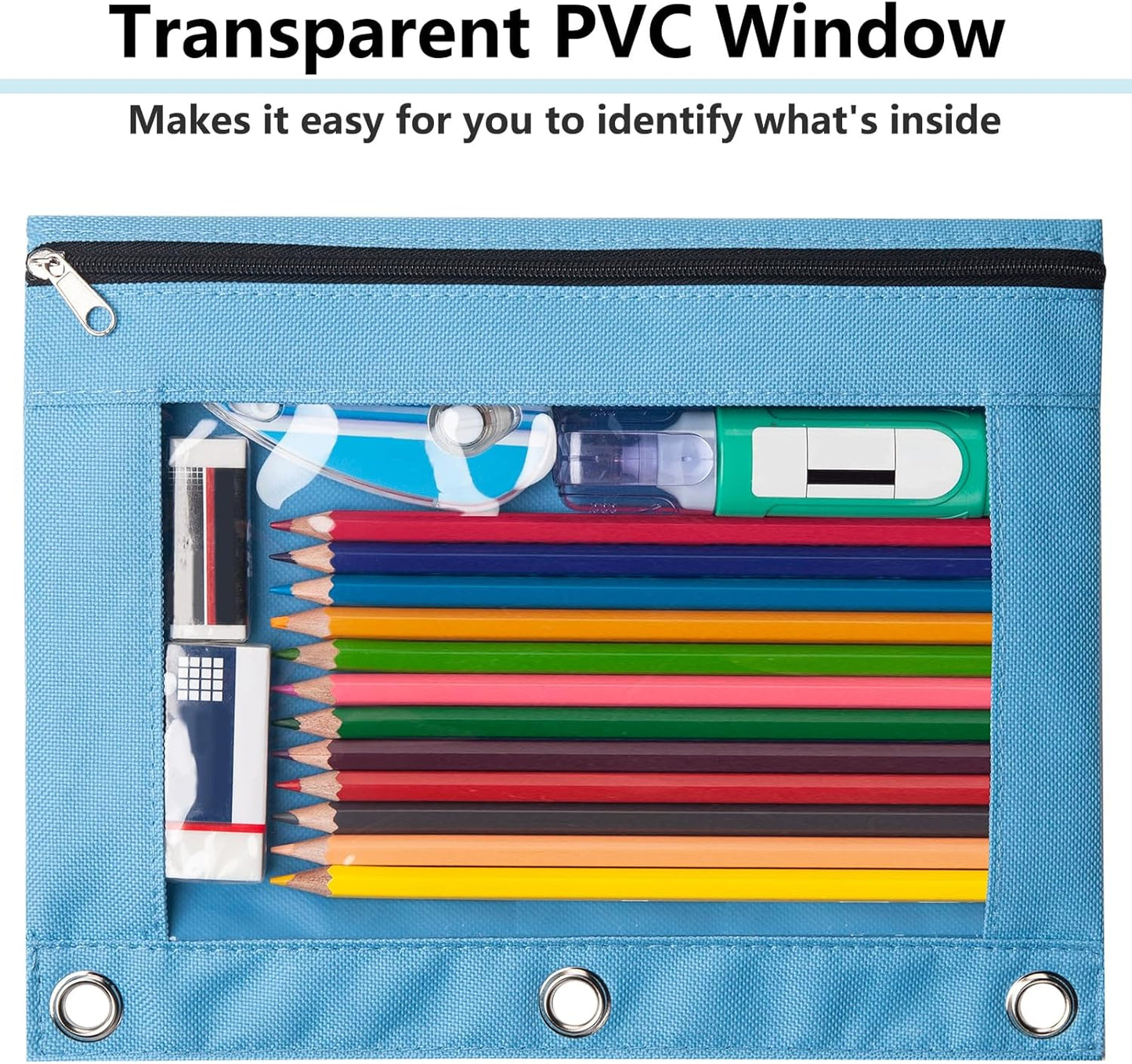Pencil Pouch for 3 Ring Binder, Clear Window Pencil Case with Smooth Zipper, Big Capacity 3 Ring Binder Pencil Bag with 3 Reinforced Grommets, Yellow