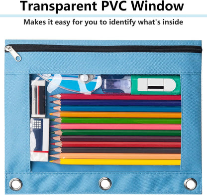 Pencil Pouch for 3 Ring Binder, Clear Window Pencil Case with Smooth Zipper, Big Capacity 3 Ring Binder Pencil Bag with 3 Reinforced Grommets, Yellow
