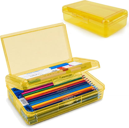 Pencil Box, Large Capacity Double Layer Pencil Case, 1 Pack Hard Pencil Case, Clear Crayon Box with Snap-tight Lid, Plastic Storage Box Art Craft Marker Organizer for Office School Supplies, Yellow