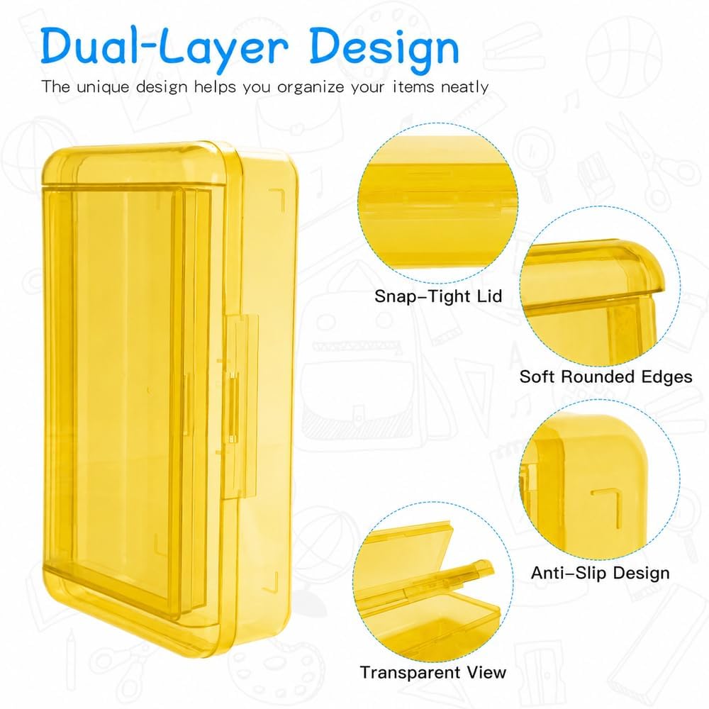 Pencil Box, Large Capacity Double Layer Pencil Case, 1 Pack Hard Pencil Case, Clear Crayon Box with Snap-tight Lid, Plastic Storage Box Art Craft Marker Organizer for Office School Supplies, Yellow