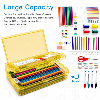 Pencil Box, Large Capacity Double Layer Pencil Case, 1 Pack Hard Pencil Case, Clear Crayon Box with Snap-tight Lid, Plastic Storage Box Art Craft Marker Organizer for Office School Supplies, Yellow