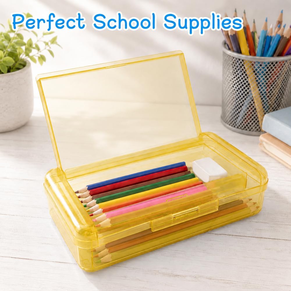 Pencil Box, Large Capacity Double Layer Pencil Case, 1 Pack Hard Pencil Case, Clear Crayon Box with Snap-tight Lid, Plastic Storage Box Art Craft Marker Organizer for Office School Supplies, Yellow