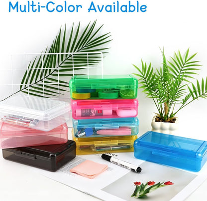 Pencil Box, Large Capacity Double Layer Pencil Case, 1 Pack Hard Pencil Case, Clear Crayon Box with Snap-tight Lid, Plastic Storage Box Art Craft Marker Organizer for Office School Supplies, Yellow