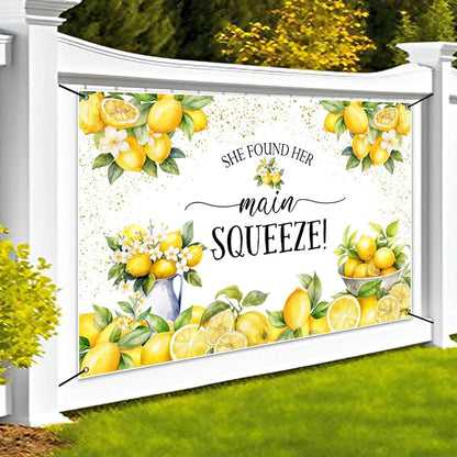 6x3.6ft She Found Her Main Squeeze Banner Lemon Themed Bridal Shower Party Decoration Lemonade Bachelorette Hanging Backdrop Green Lemon Bride to Be Wedding Engagement Party Cake Table Banner
