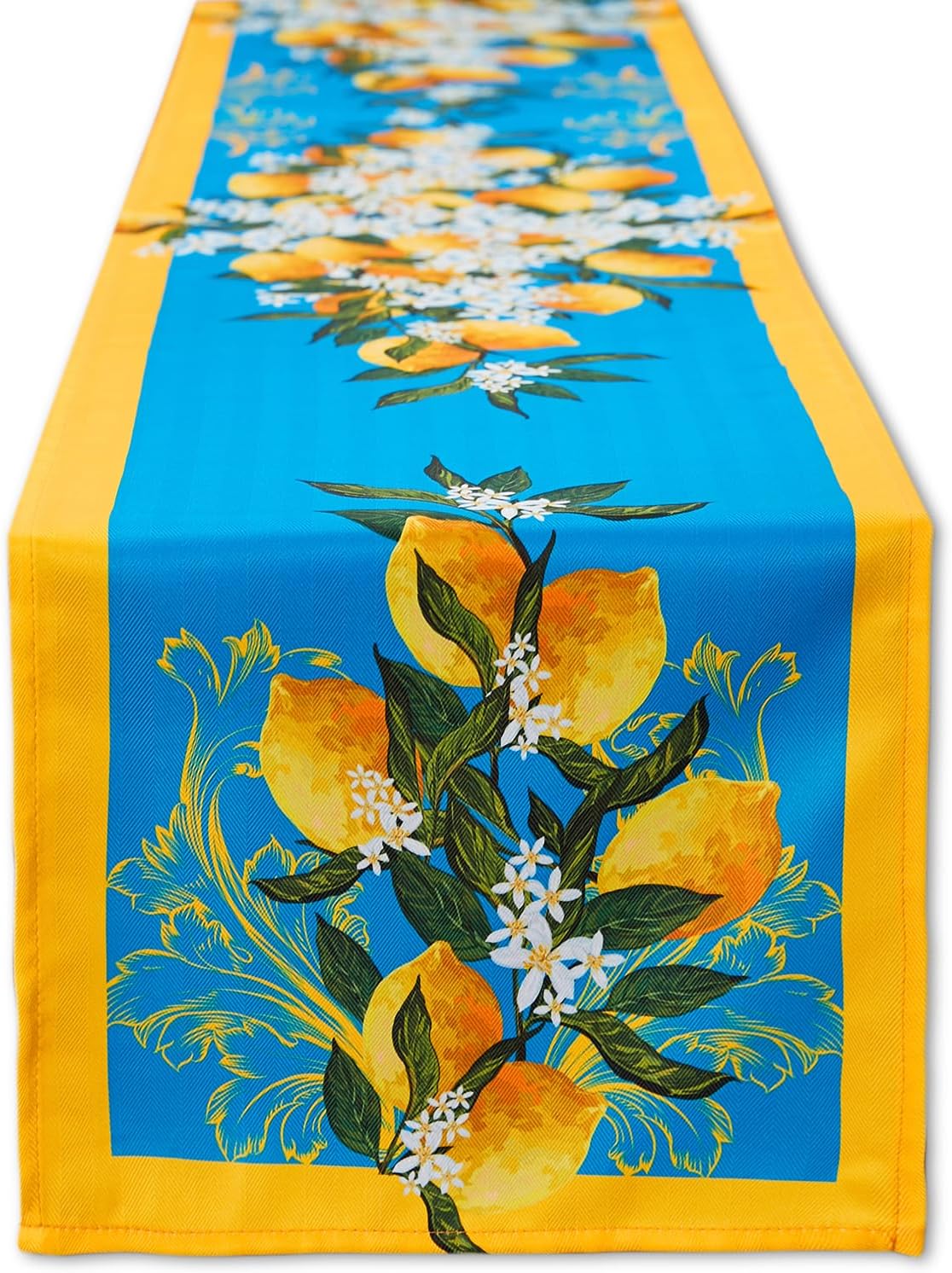 Provence Blue Lemon Mediterranean Tile Tabletop for Spring Summer Decorations, Picnics and Dinner Parties - Indoor Outdoor, Stain and Water Resistant, Table Runner, 14 x 108