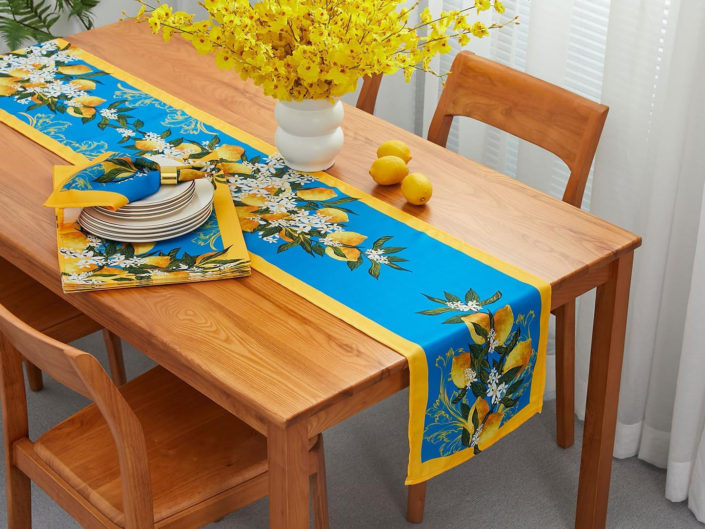 Provence Blue Lemon Mediterranean Tile Tabletop for Spring Summer Decorations, Picnics and Dinner Parties - Indoor Outdoor, Stain and Water Resistant, Table Runner, 14 x 108