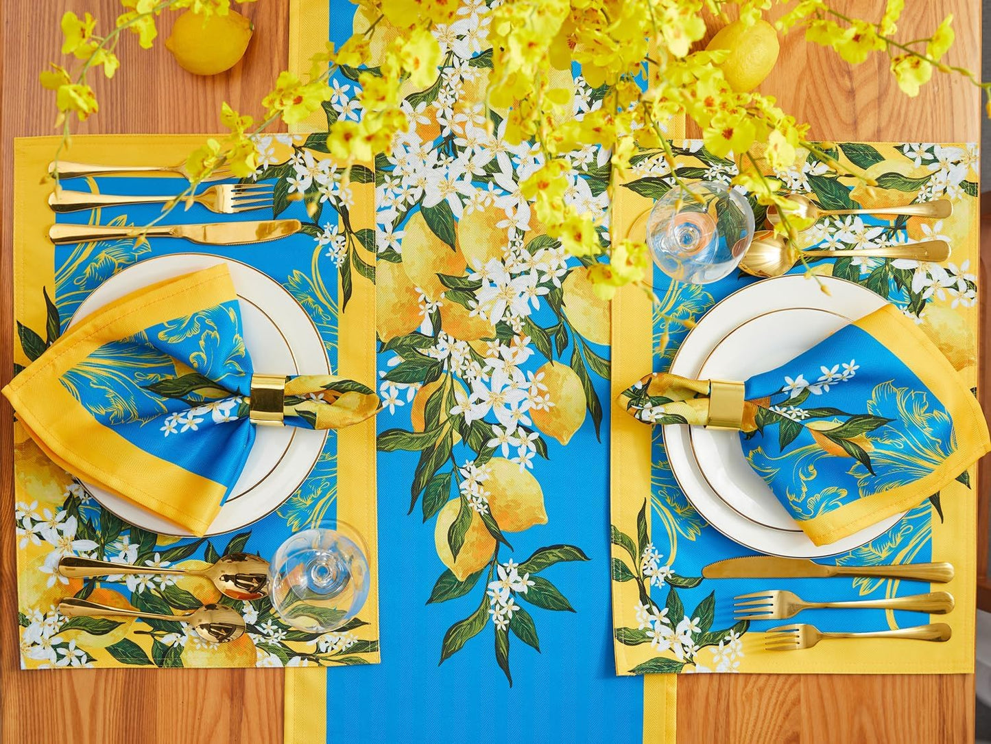 Provence Blue Lemon Mediterranean Tile Tabletop for Spring Summer Decorations, Picnics and Dinner Parties - Indoor Outdoor, Stain and Water Resistant, Table Runner, 14 x 108