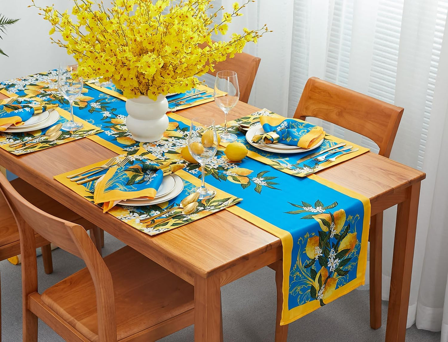 Provence Blue Lemon Mediterranean Tile Tabletop for Spring Summer Decorations, Picnics and Dinner Parties - Indoor Outdoor, Stain and Water Resistant, Table Runner, 14 x 108