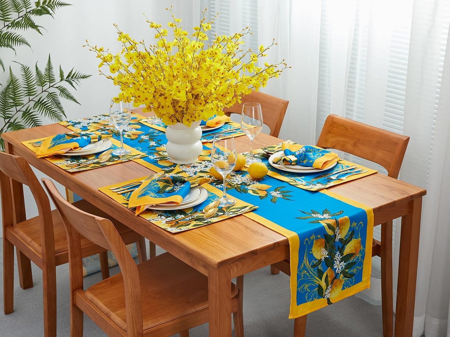 Provence Blue Lemon Mediterranean Tile Tabletop for Spring Summer Decorations, Picnics and Dinner Parties - Indoor Outdoor, Stain and Water Resistant, Table Runner, 14 x 108