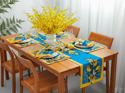 Provence Blue Lemon Mediterranean Tile Tabletop for Spring Summer Decorations, Picnics and Dinner Parties - Indoor Outdoor, Stain and Water Resistant, Table Runner, 14 x 108